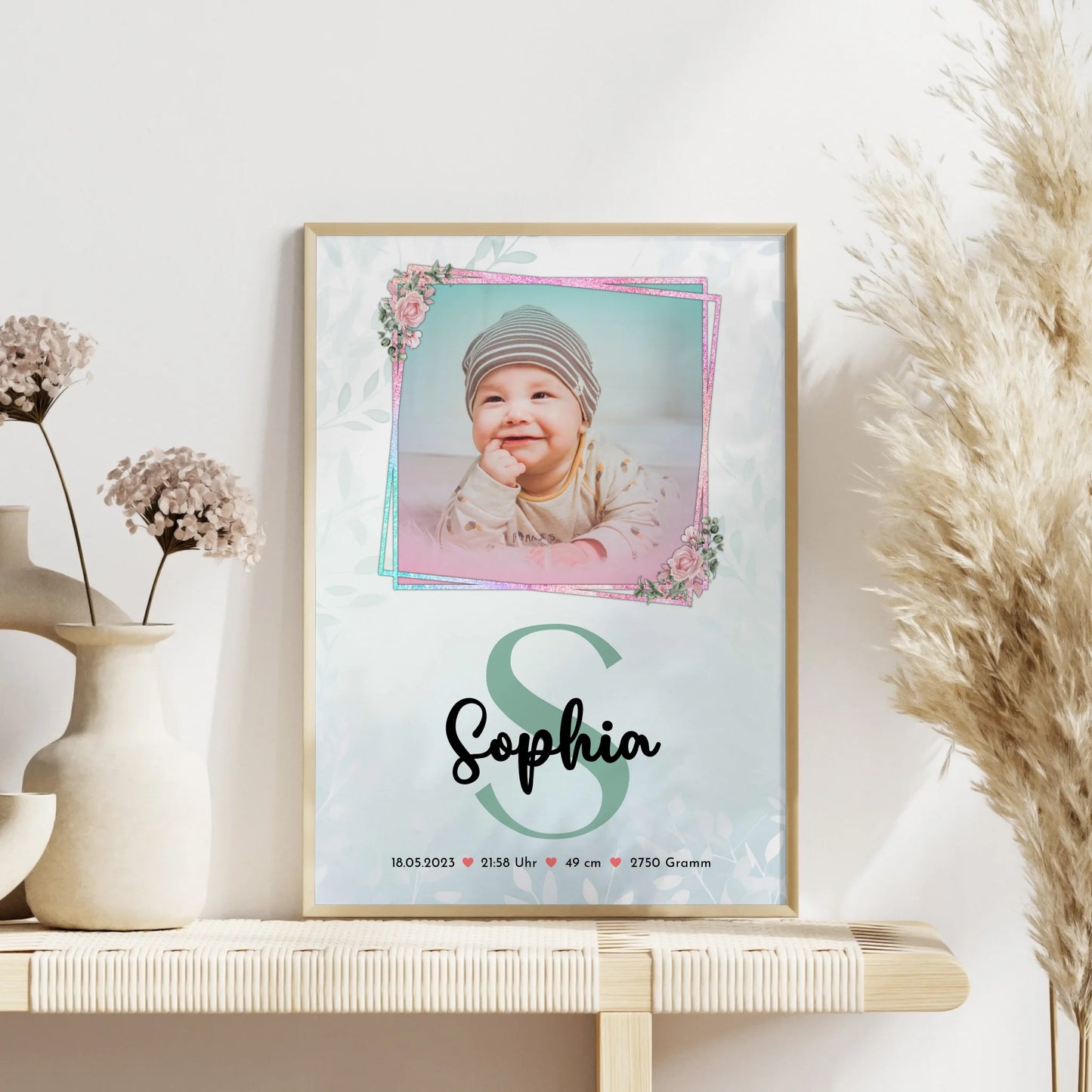 Geburtsdaten Poster mit Foto: Baby Name & Initiale, Gewicht Größe Uhrzeit Datum
