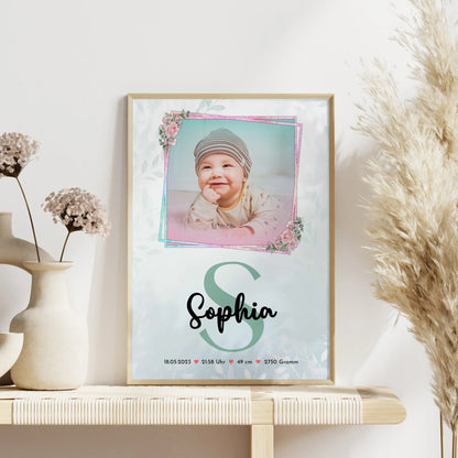 Geburtsdaten Poster mit Foto: Baby Name & Initiale, Gewicht Größe Uhrzeit Datum