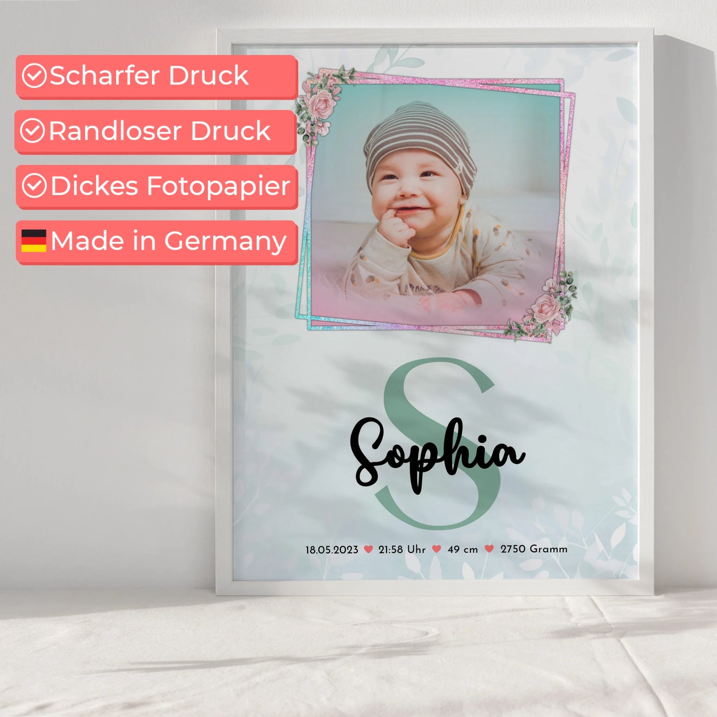 Geburtsdaten Poster mit Foto: Baby Name & Initiale, Gewicht Größe Uhrzeit Datum