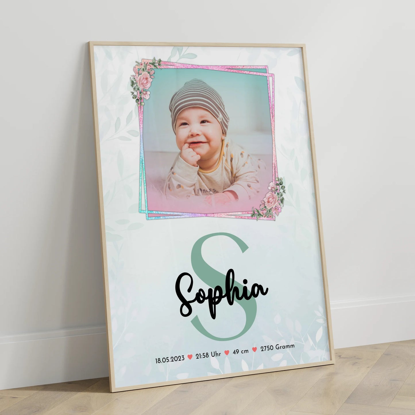 Geburtsdaten Poster mit Foto: Baby Name & Initiale, Gewicht Größe Uhrzeit Datum