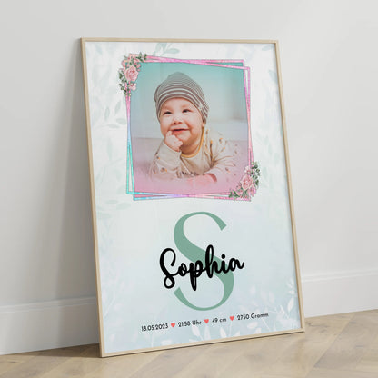 Geburtsdaten Poster mit Foto: Baby Name & Initiale, Gewicht Größe Uhrzeit Datum