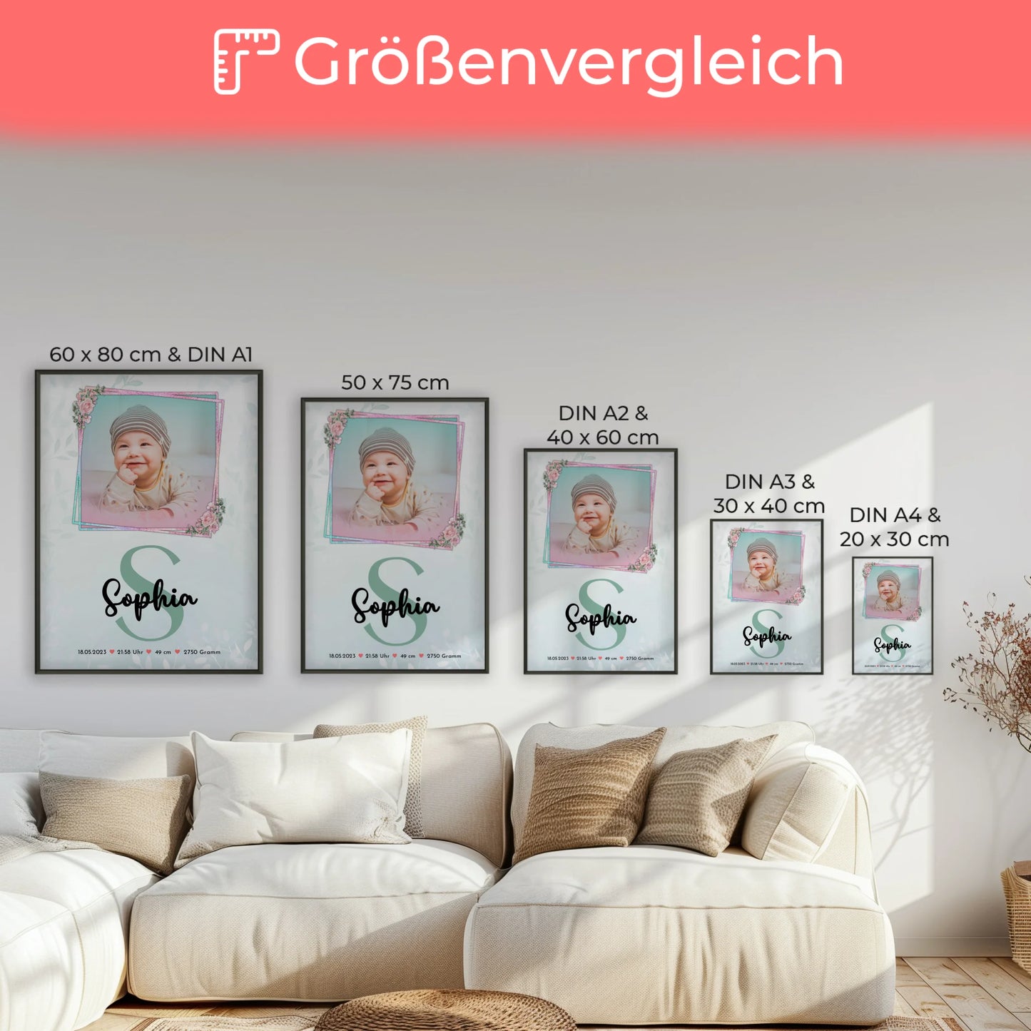 Geburtsdaten Poster mit Foto: Baby Name & Initiale, Gewicht Größe Uhrzeit Datum