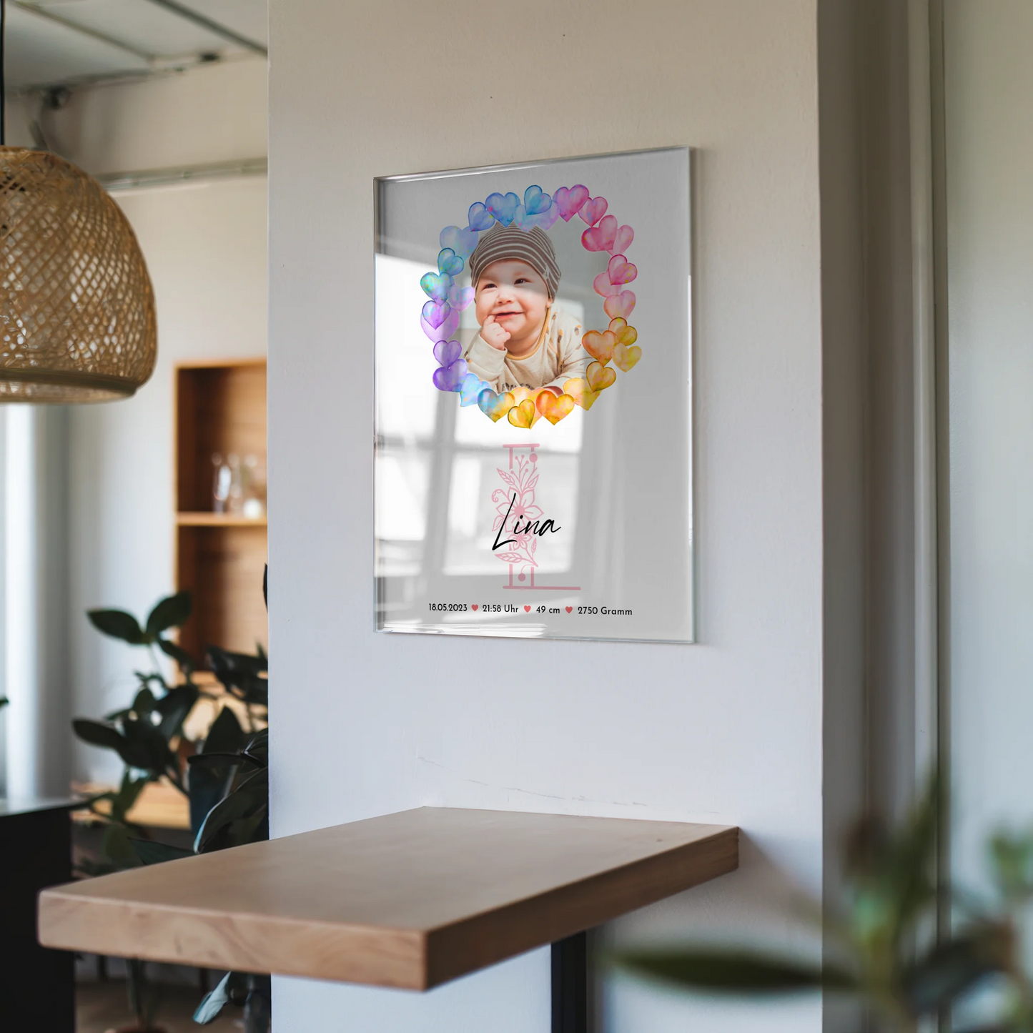Foto Acrylglas zur Geburt Baby mit Namen, 1 Foto und Geburtsdaten personalisiert