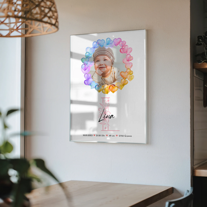 Foto Acrylglas zur Geburt Baby mit Namen, 1 Foto und Geburtsdaten personalisiert