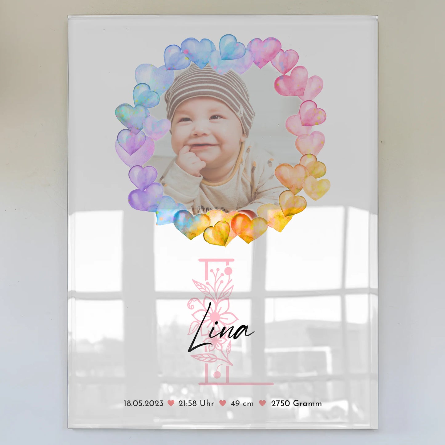 Foto Acrylglas zur Geburt Baby mit Namen, 1 Foto und Geburtsdaten personalisiert