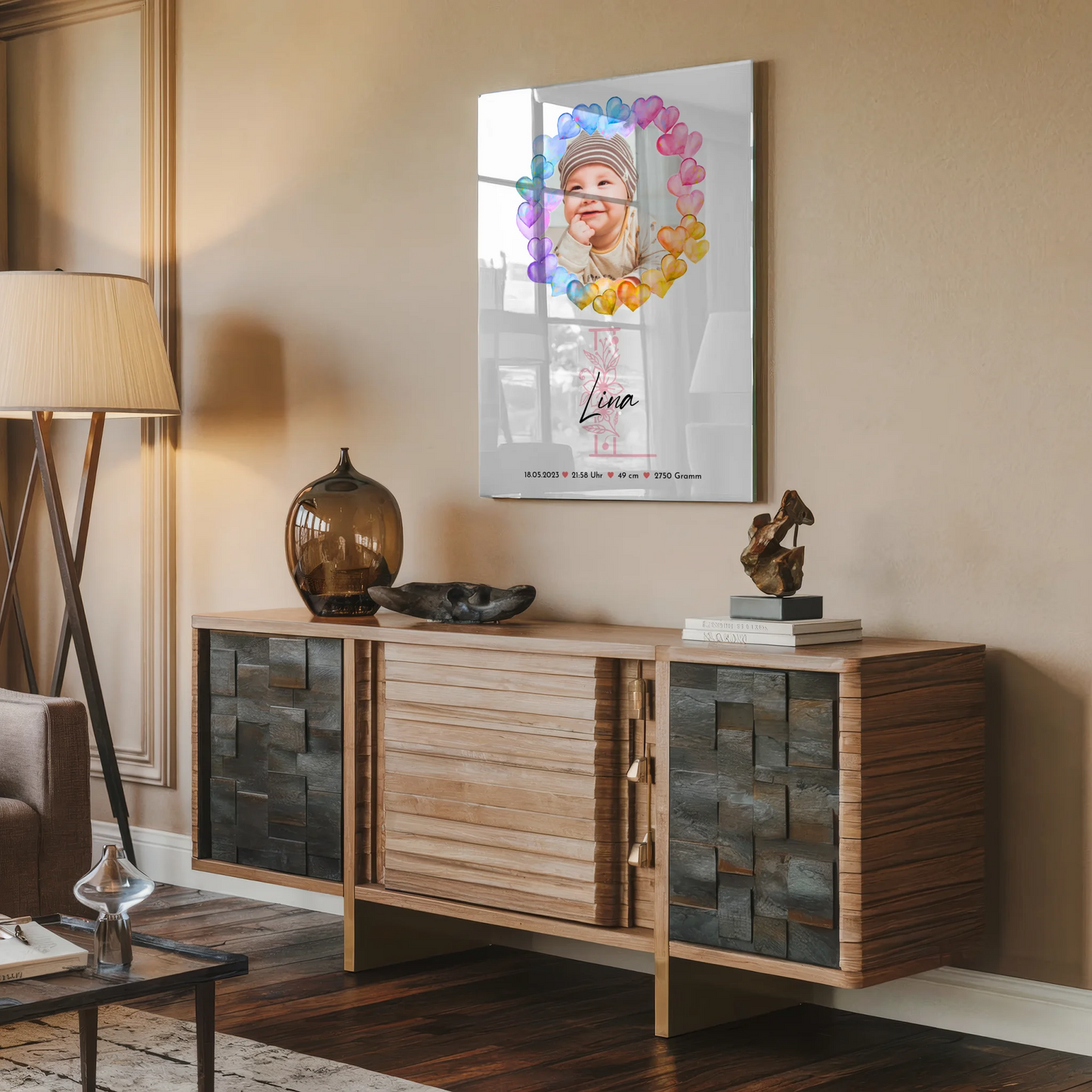 Foto Acrylglas zur Geburt Baby mit Namen, 1 Foto und Geburtsdaten personalisiert