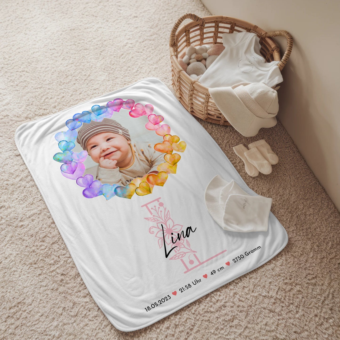 Krabbeldecke Mit Namen personalisiert Baby Geburt mit Foto, Initial & Geburtsdaten