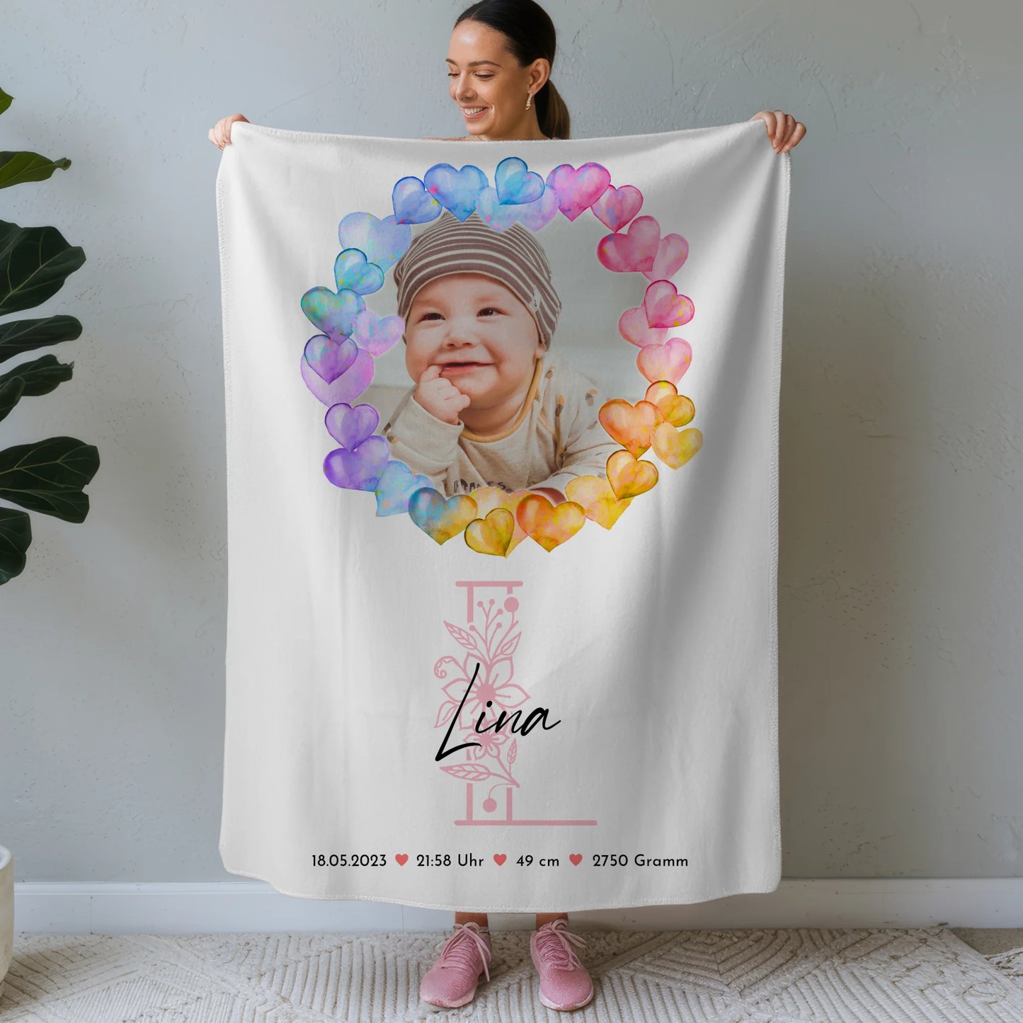 Krabbeldecke Mit Namen personalisiert Baby Geburt mit Foto, Initial & Geburtsdaten