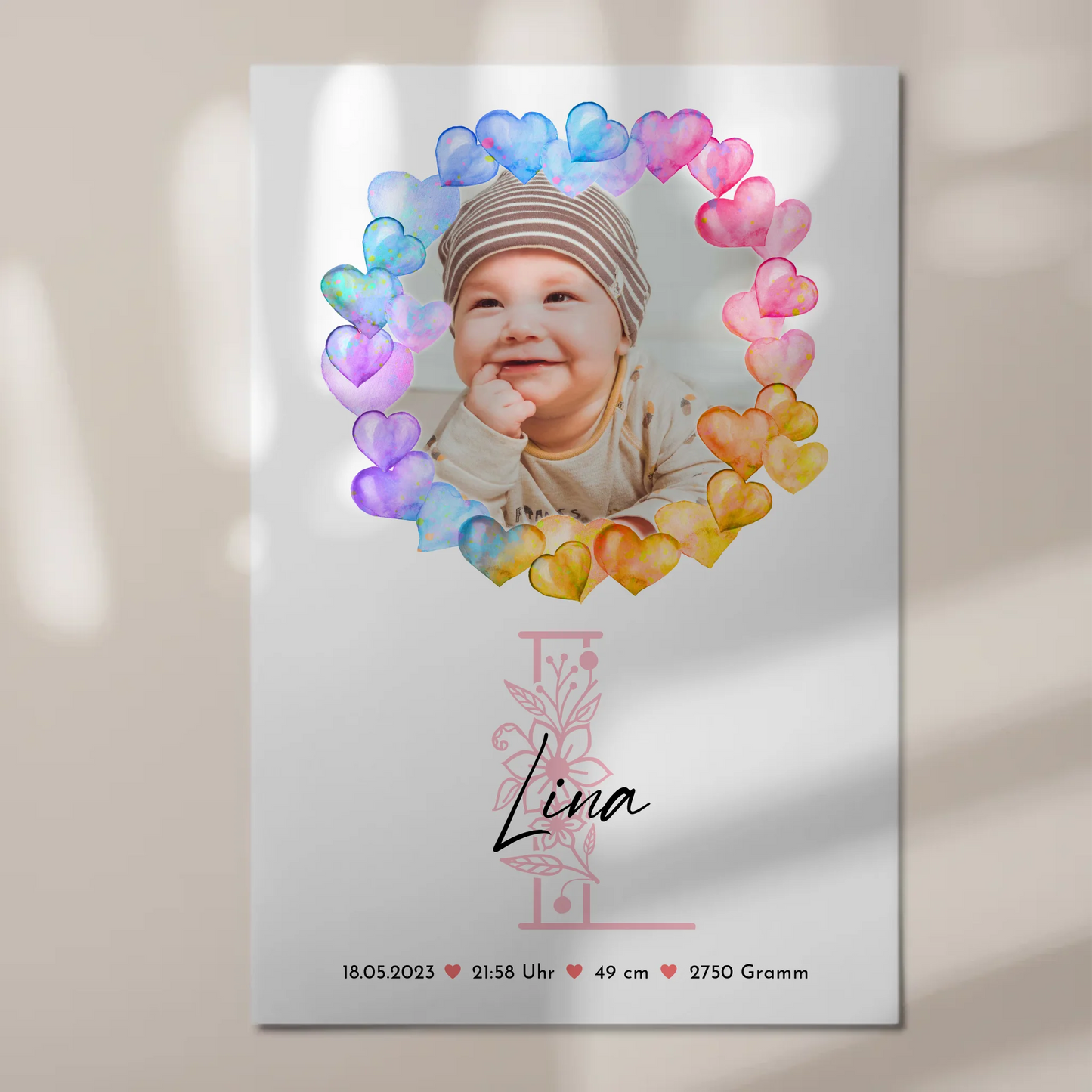 Fotoboard Magnet Wandbild Geburt Baby mit Namen und Foto personalisiert mit Geburtsdaten