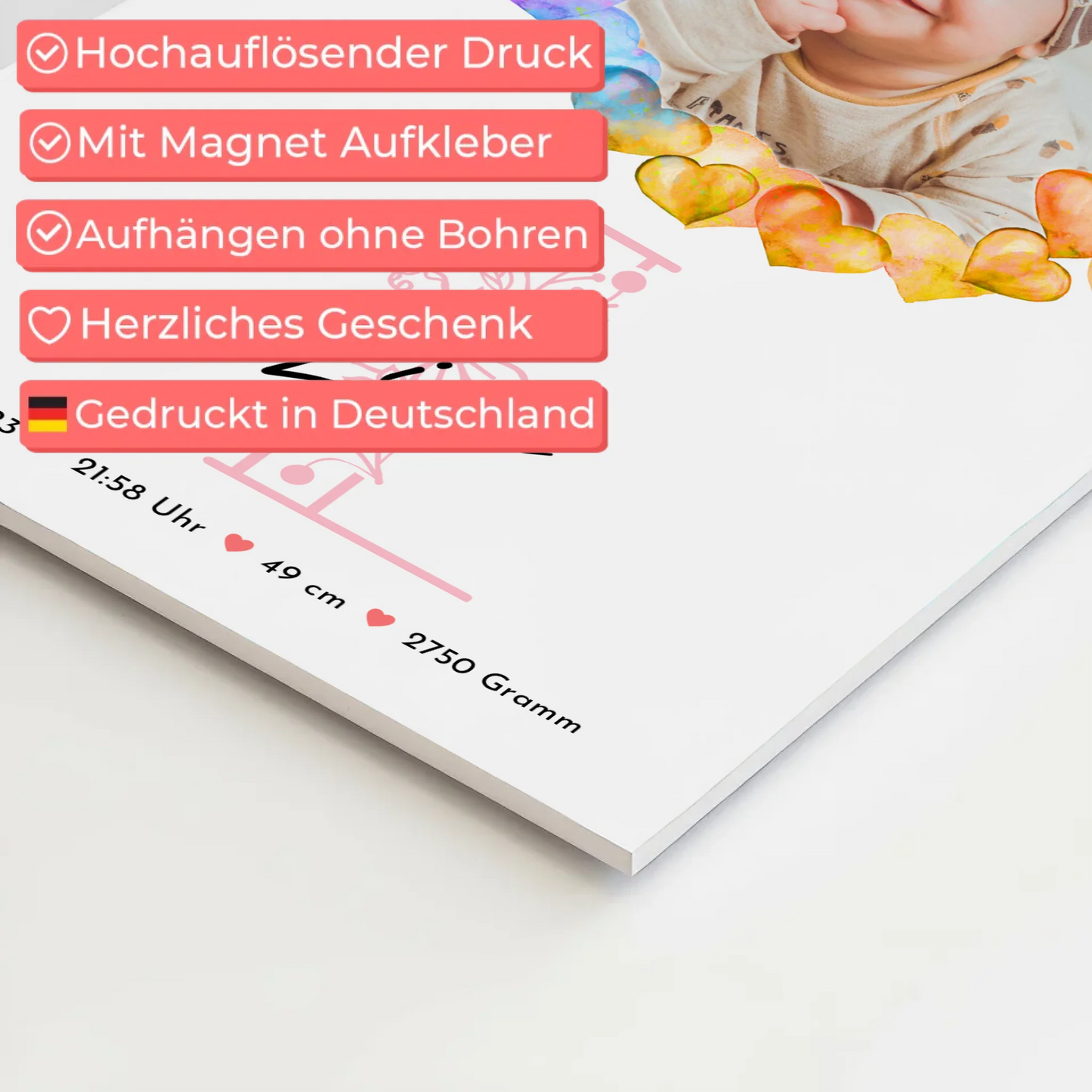 Fotoboard Magnet Wandbild Geburt Baby mit Namen und Foto personalisiert mit Geburtsdaten