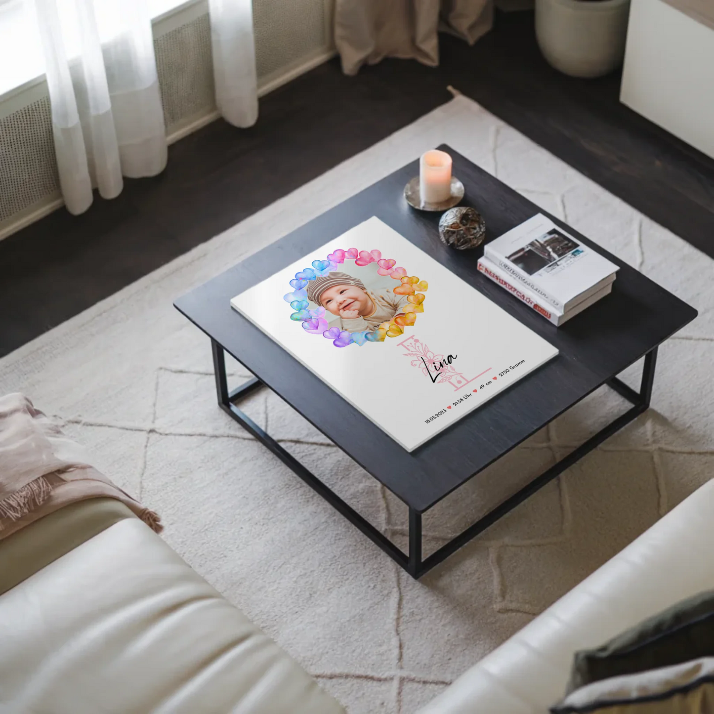 Fotoboard Magnet Wandbild Geburt Baby mit Namen und Foto personalisiert mit Geburtsdaten