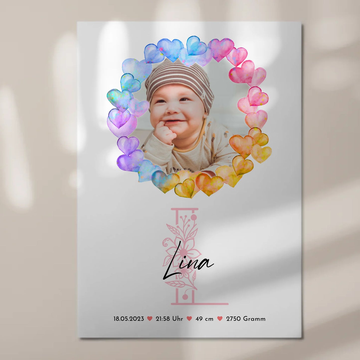 Fotoboard Magnet Wandbild Geburt Baby mit Namen und Foto personalisiert mit Geburtsdaten