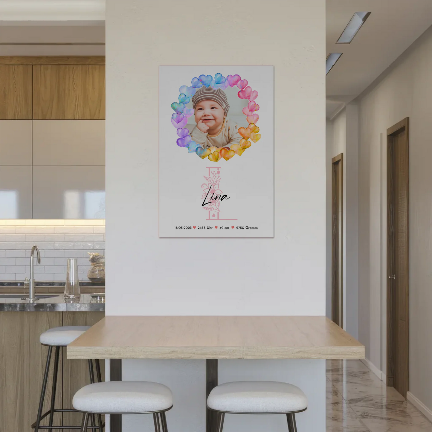 Fotoboard Magnet Wandbild Geburt Baby mit Namen und Foto personalisiert mit Geburtsdaten