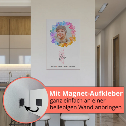 Fotoboard Magnet Wandbild Geburt Baby mit Namen und Foto personalisiert mit Geburtsdaten