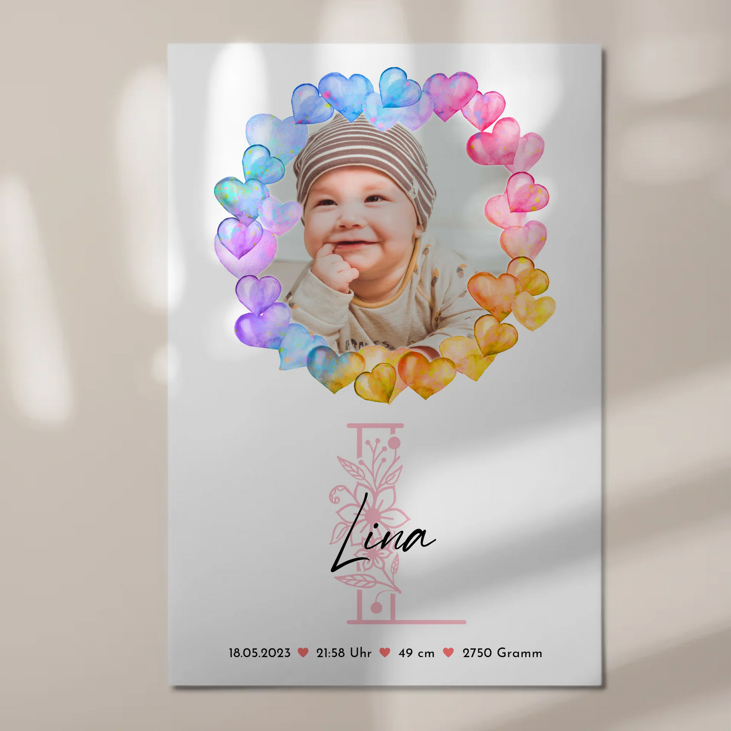 Fotoboard Magnet Wandbild Geburt Baby mit Namen und Foto personalisiert mit Geburtsdaten