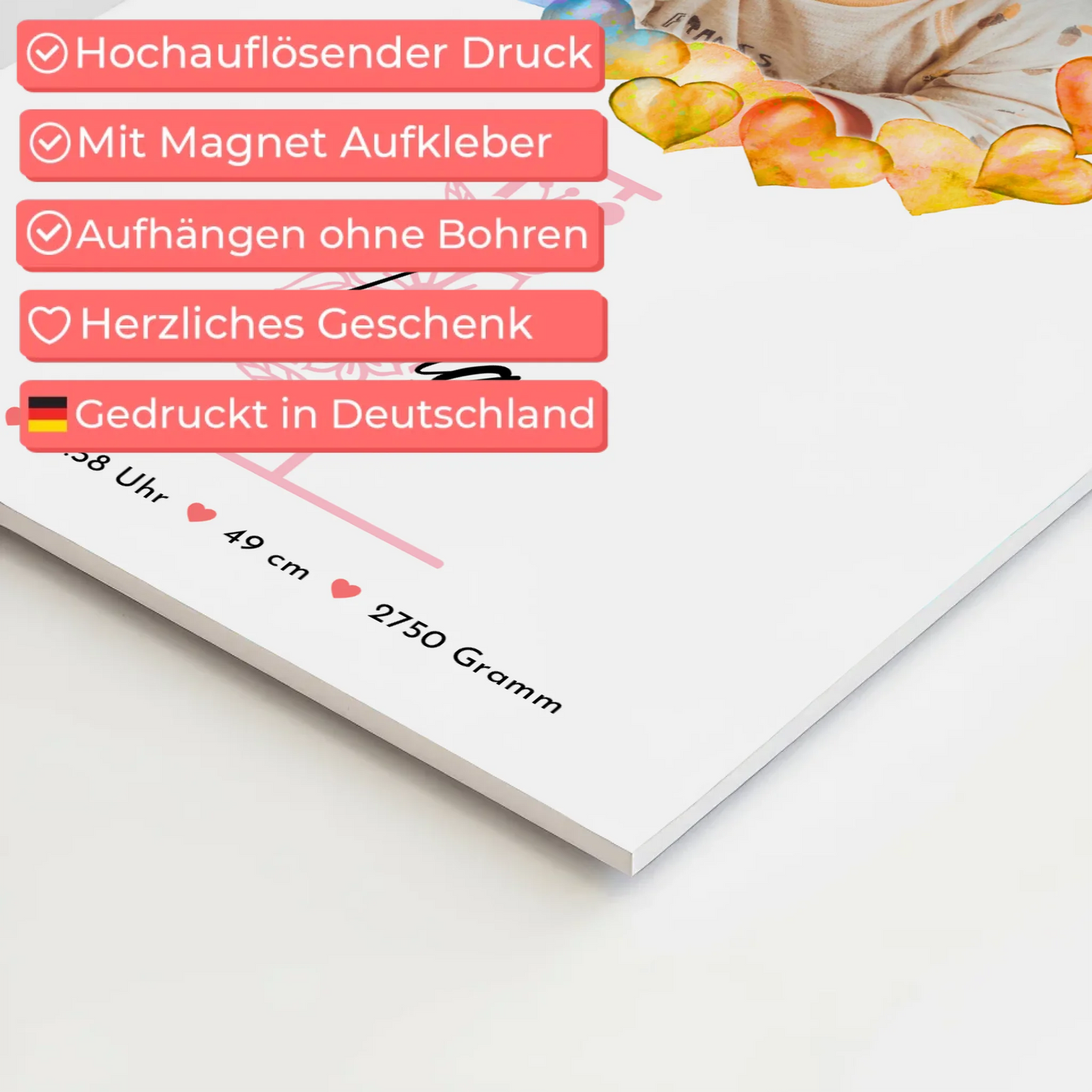 Fotoboard Magnet Wandbild Geburt Baby mit Namen und Foto personalisiert mit Geburtsdaten