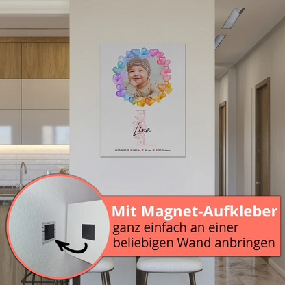 Fotoboard Magnet Wandbild Geburt Baby mit Namen und Foto personalisiert mit Geburtsdaten