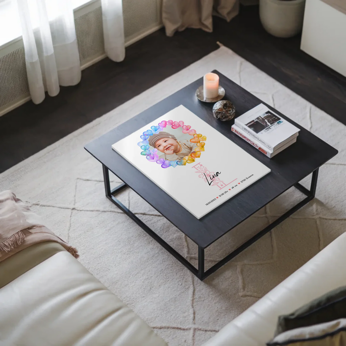 Fotoboard Magnet Wandbild Geburt Baby mit Namen und Foto personalisiert mit Geburtsdaten