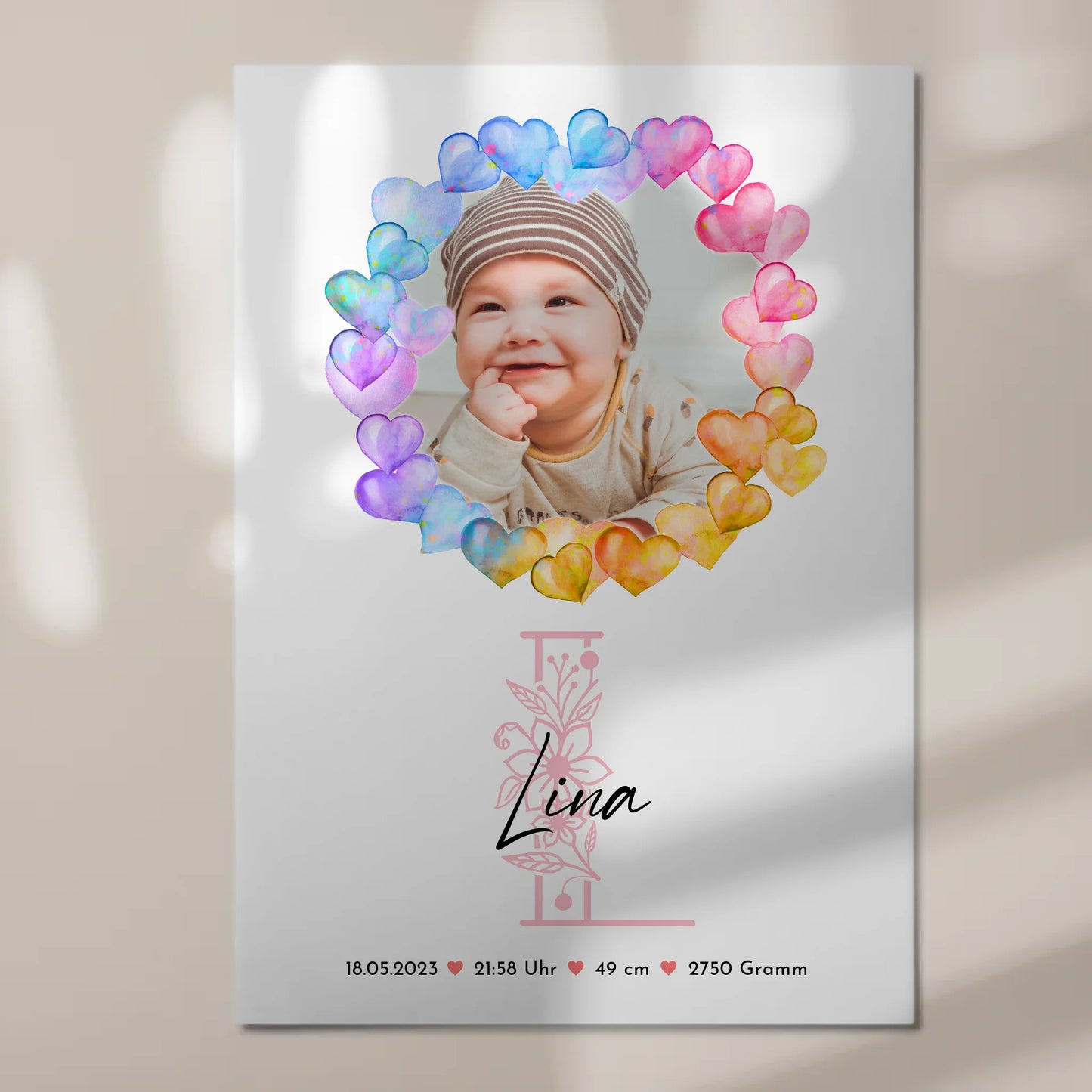 Fotoboard Magnet Wandbild Geburt Baby mit Namen und Foto personalisiert mit Geburtsdaten