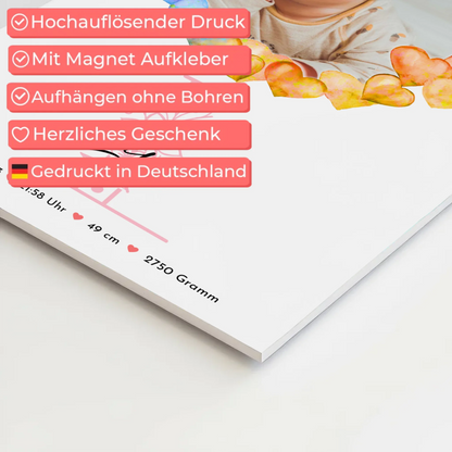 Fotoboard Magnet Wandbild Geburt Baby mit Namen und Foto personalisiert mit Geburtsdaten