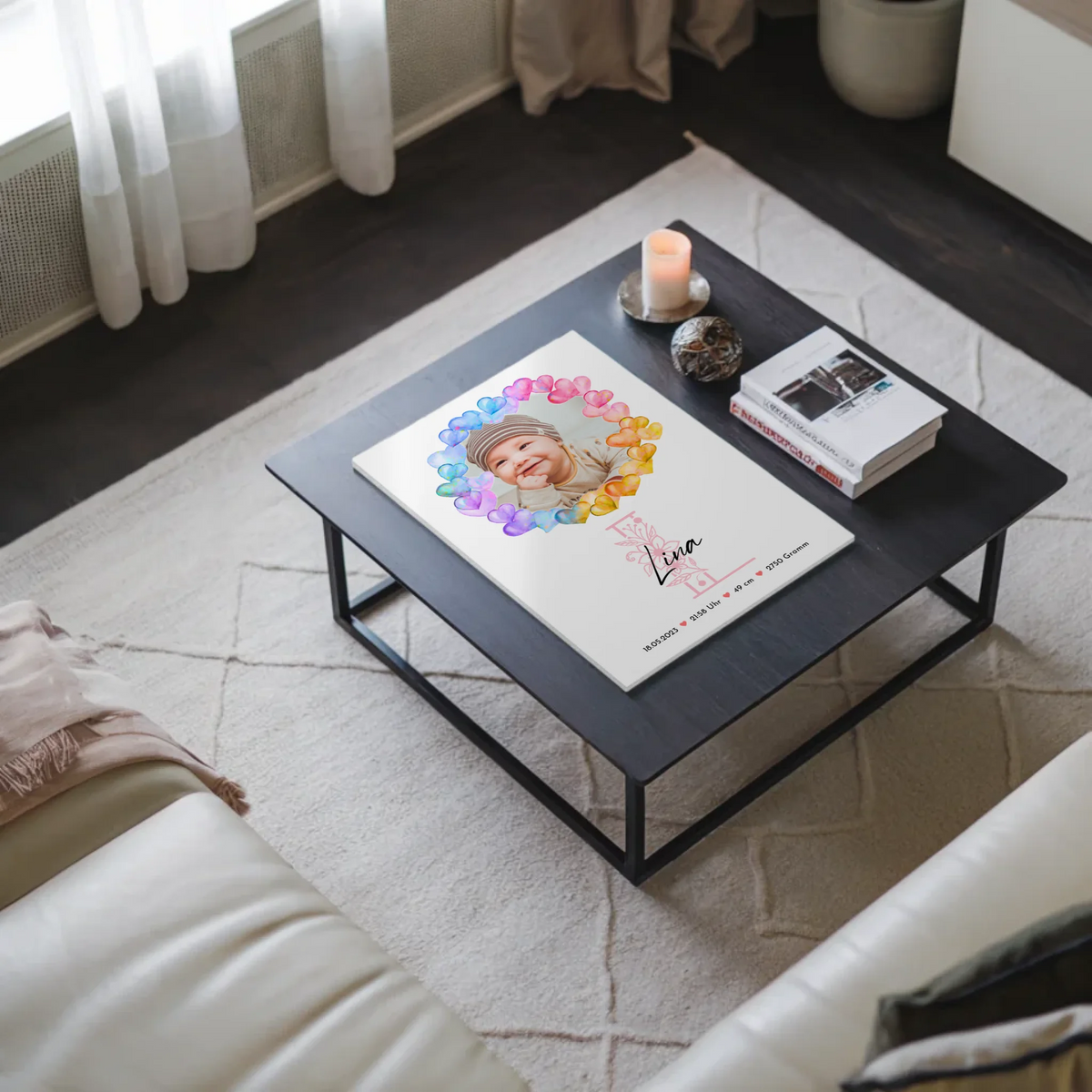 Fotoboard Magnet Wandbild Geburt Baby mit Namen und Foto personalisiert mit Geburtsdaten