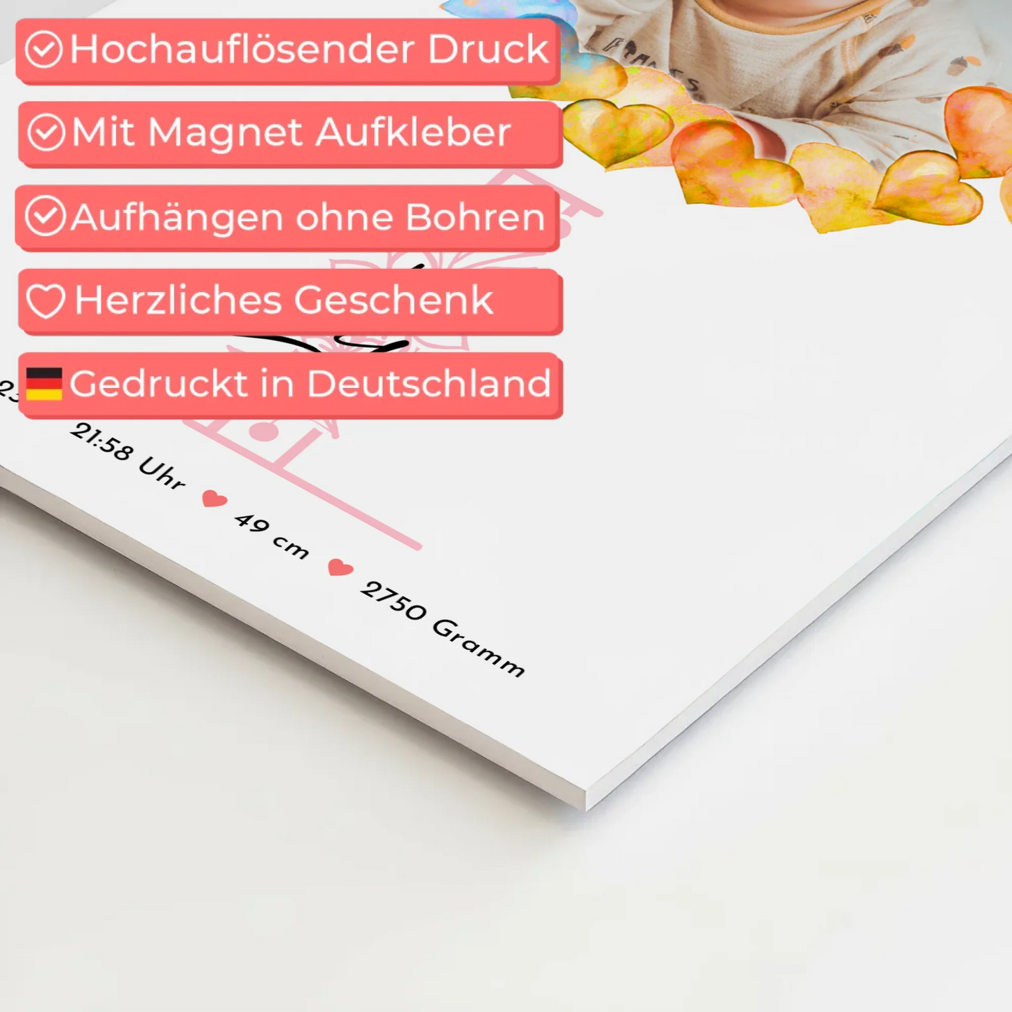 Fotoboard Magnet Wandbild Geburt Baby mit Namen und Foto personalisiert mit Geburtsdaten