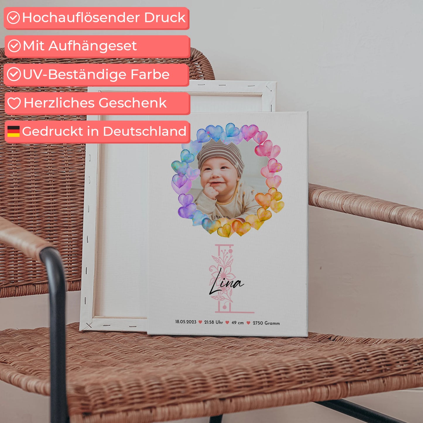 Leinwand Collagen Erstellen Geburt Baby mit Namen und Foto, Geburtsdaten & Initiale