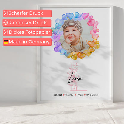 Poster Mit Geburtsdaten Baby mit Namen & Foto personalisiert mit Gewicht Größe Uhrzeit