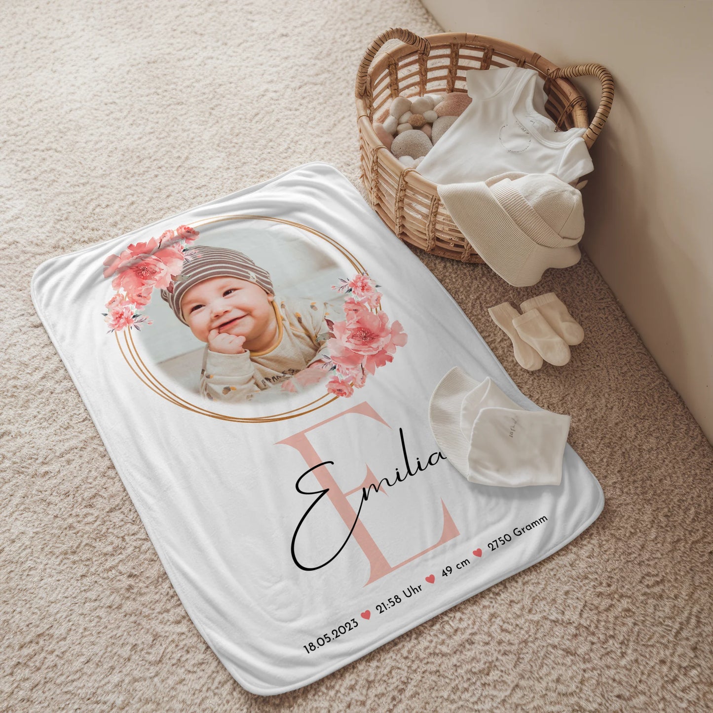 Babydecke Mit Namen personalisiert zur Geburt mit Foto & Geburtsdaten