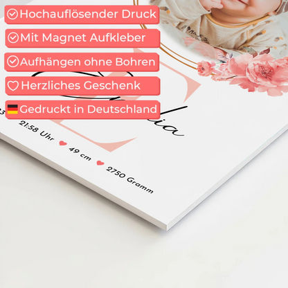 Poster Magnetisch Baby Geburt mit Foto, Initial & Name, Gewicht Datum Uhrzeit