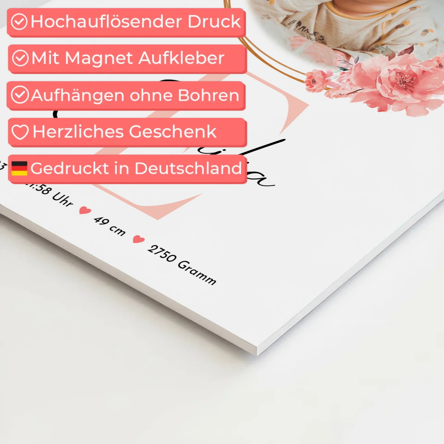 Poster Magnetisch Baby Geburt mit Foto, Initial & Name, Gewicht Datum Uhrzeit