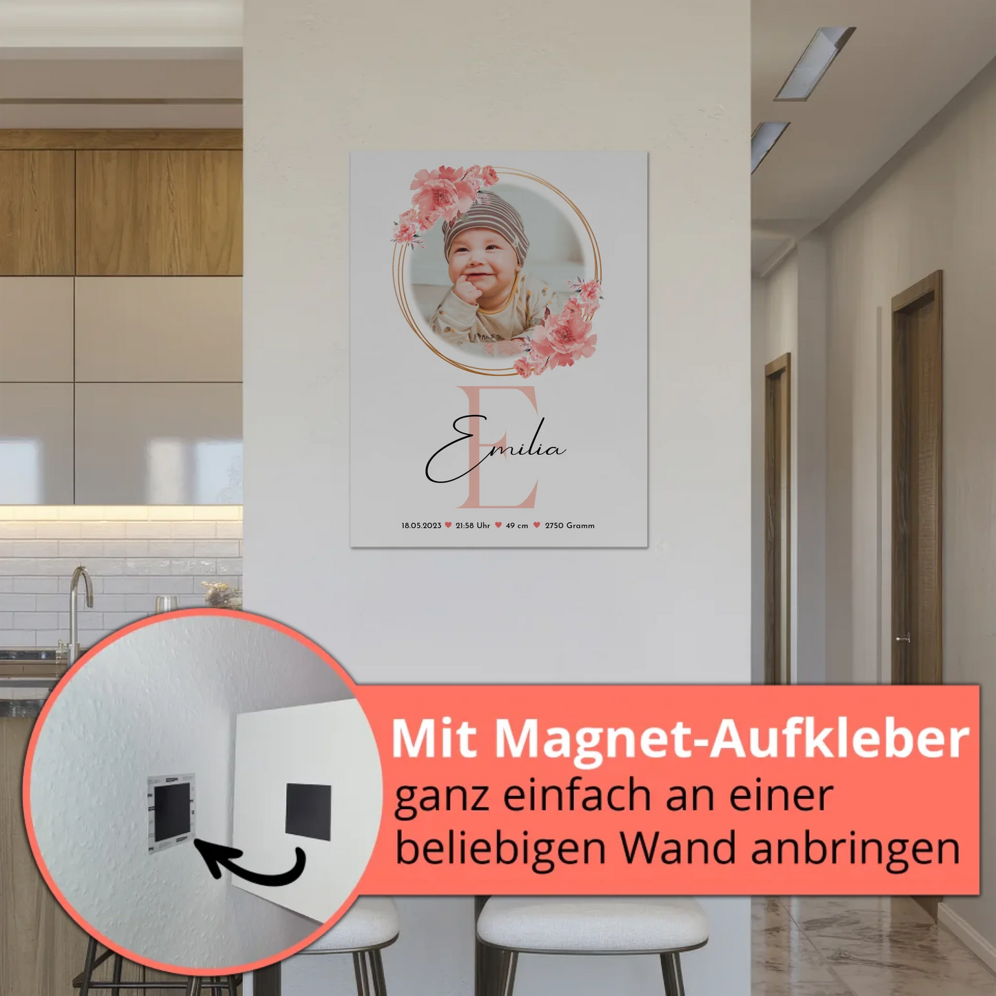 Poster Magnetisch Baby Geburt mit Foto, Initial & Name, Gewicht Datum Uhrzeit