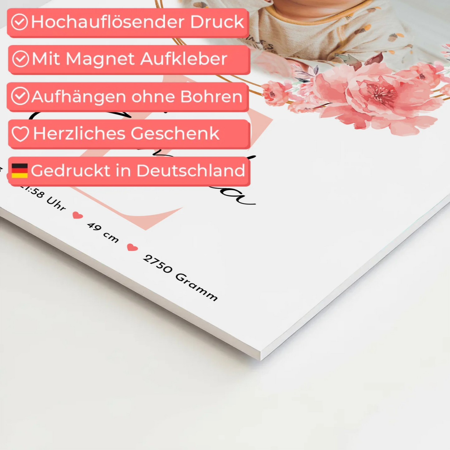 Poster Magnetisch Baby Geburt mit Foto, Initial & Name, Gewicht Datum Uhrzeit