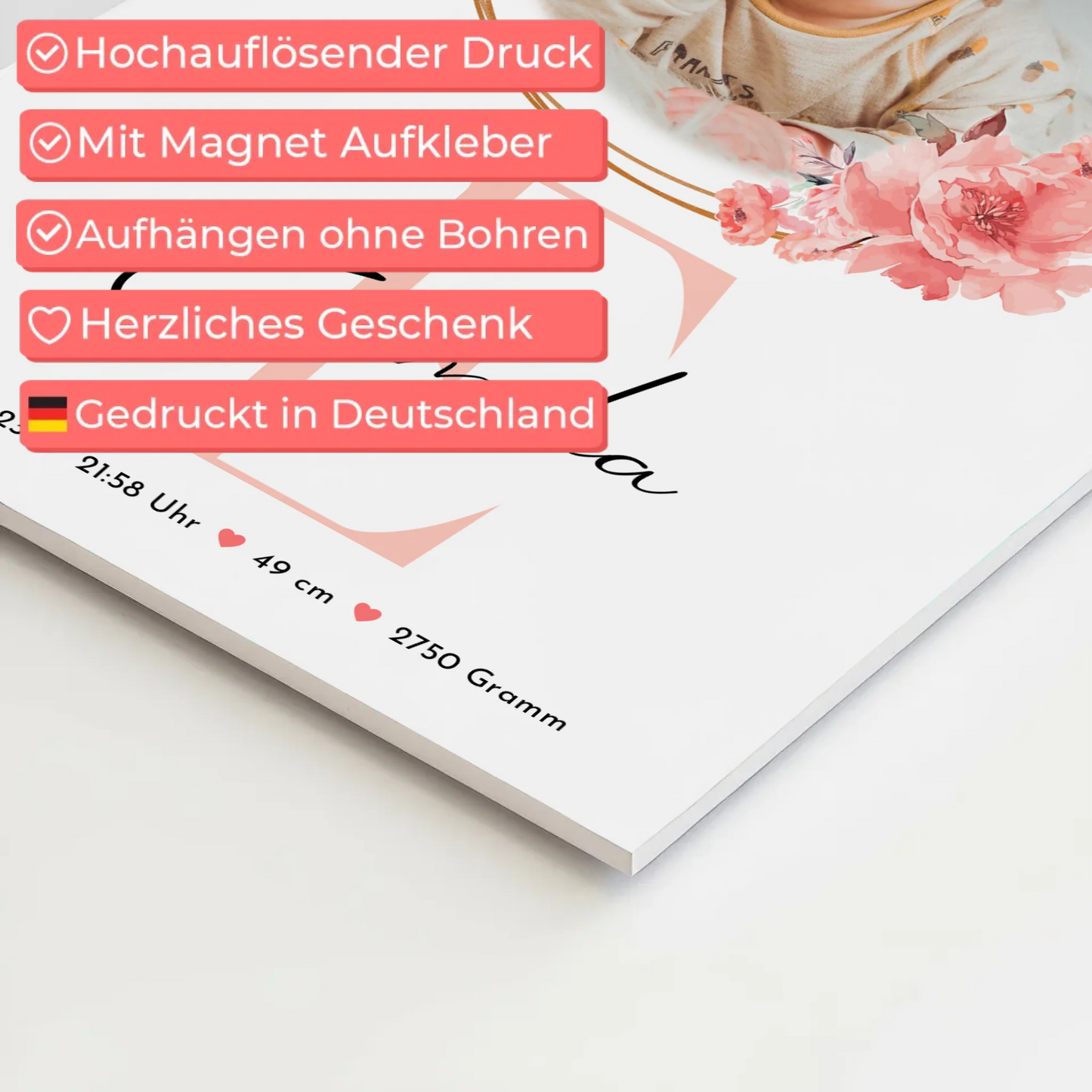 Poster Magnetisch Baby Geburt mit Foto, Initial & Name, Gewicht Datum Uhrzeit