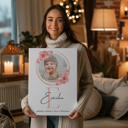 Leinwand Bild zur Geburt Baby mit Foto & Namen, Geburtsdaten