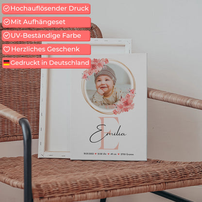 Leinwand Bild zur Geburt Baby mit Foto & Namen, Geburtsdaten