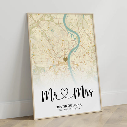 Personalisiertes Stadtkarten Poster für Paare Mr & Mrs Vintage Wo Alles Begann