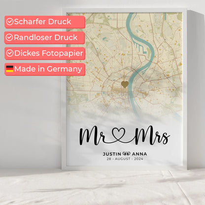 Personalisiertes Stadtkarten Poster für Paare Mr & Mrs Vintage Wo Alles Begann