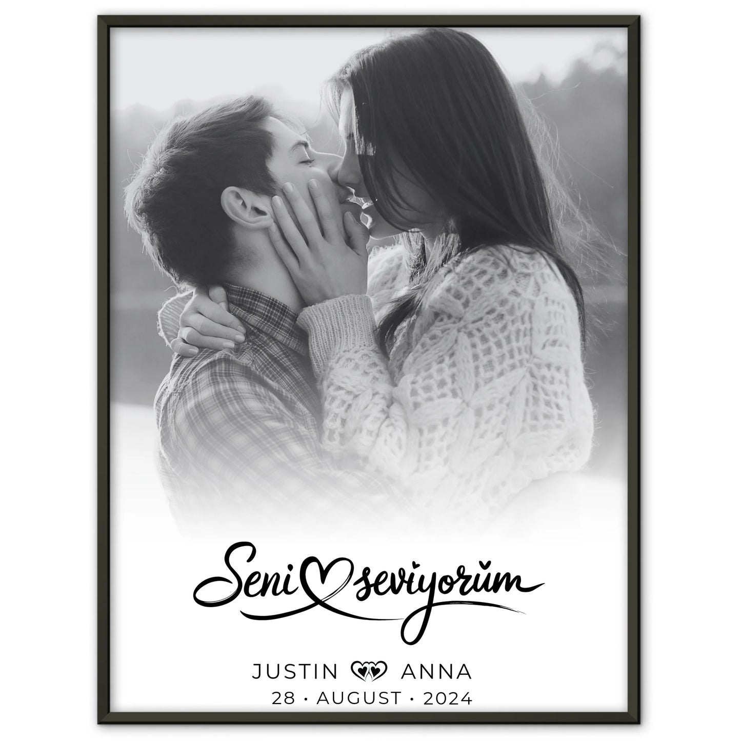Personalisiertes Paar Poster mit Namen Seni Seviyorum Schwarz Weiß