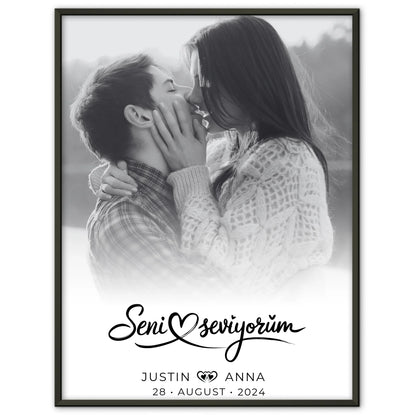 Personalisiertes Paar Poster mit Namen Seni Seviyorum Schwarz Weiß