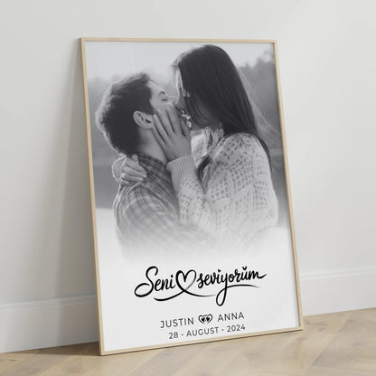 Personalisiertes Paar Poster mit Namen Seni Seviyorum Schwarz Weiß