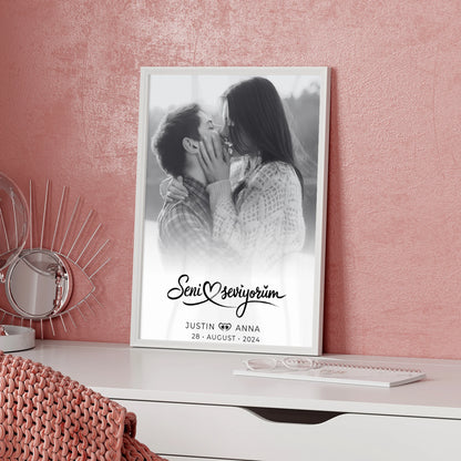 Personalisiertes Paar Poster mit Namen Seni Seviyorum Schwarz Weiß