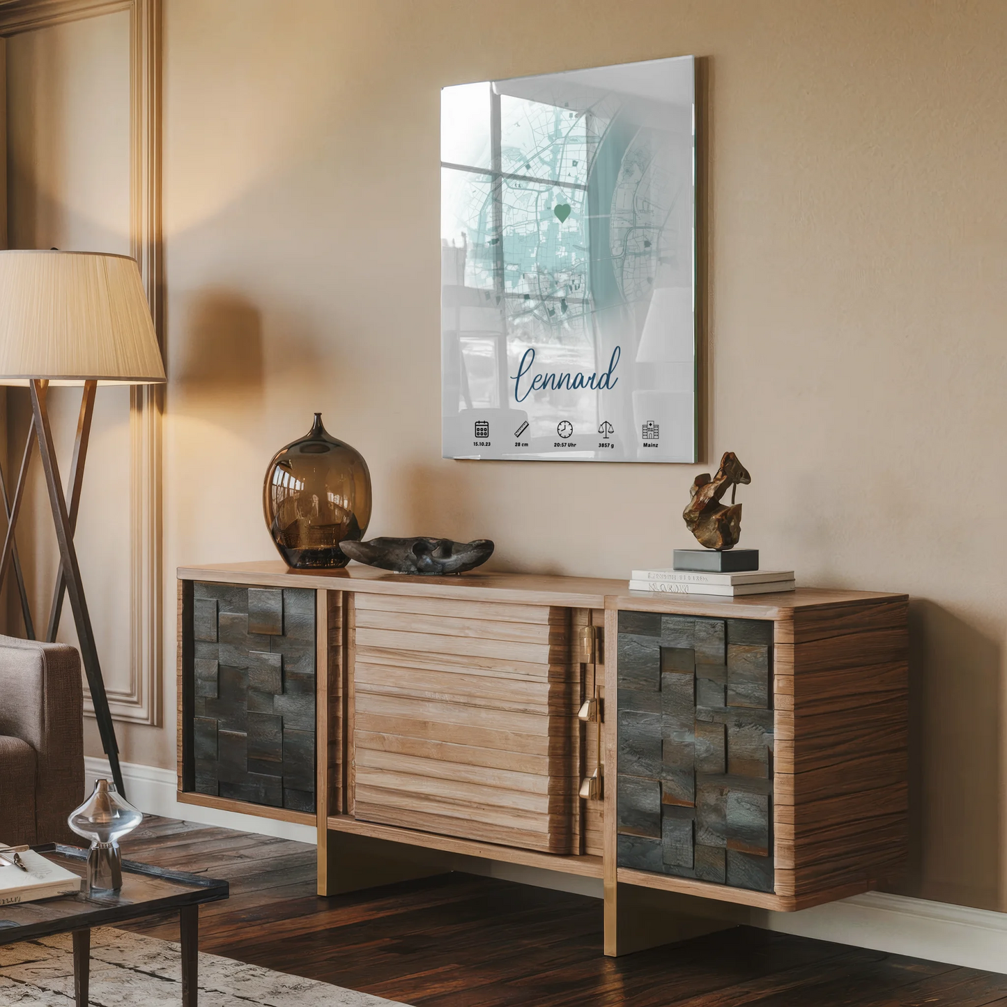 Personalisiertes Acrylglas Bild Geburtsdaten Jungen Blau Rund Karte