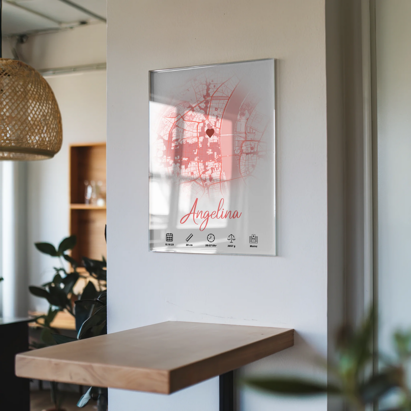 Acrylglas Bild Geburt Stadt Karte Rund Rot mit Geburtsdaten Mädchen