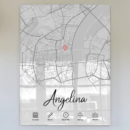 Personalisiertes Acrylglas Bild Karte mit Geburtsdaten Weiß