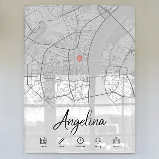 Personalisiertes Acrylglas Bild Karte mit Geburtsdaten Weiß