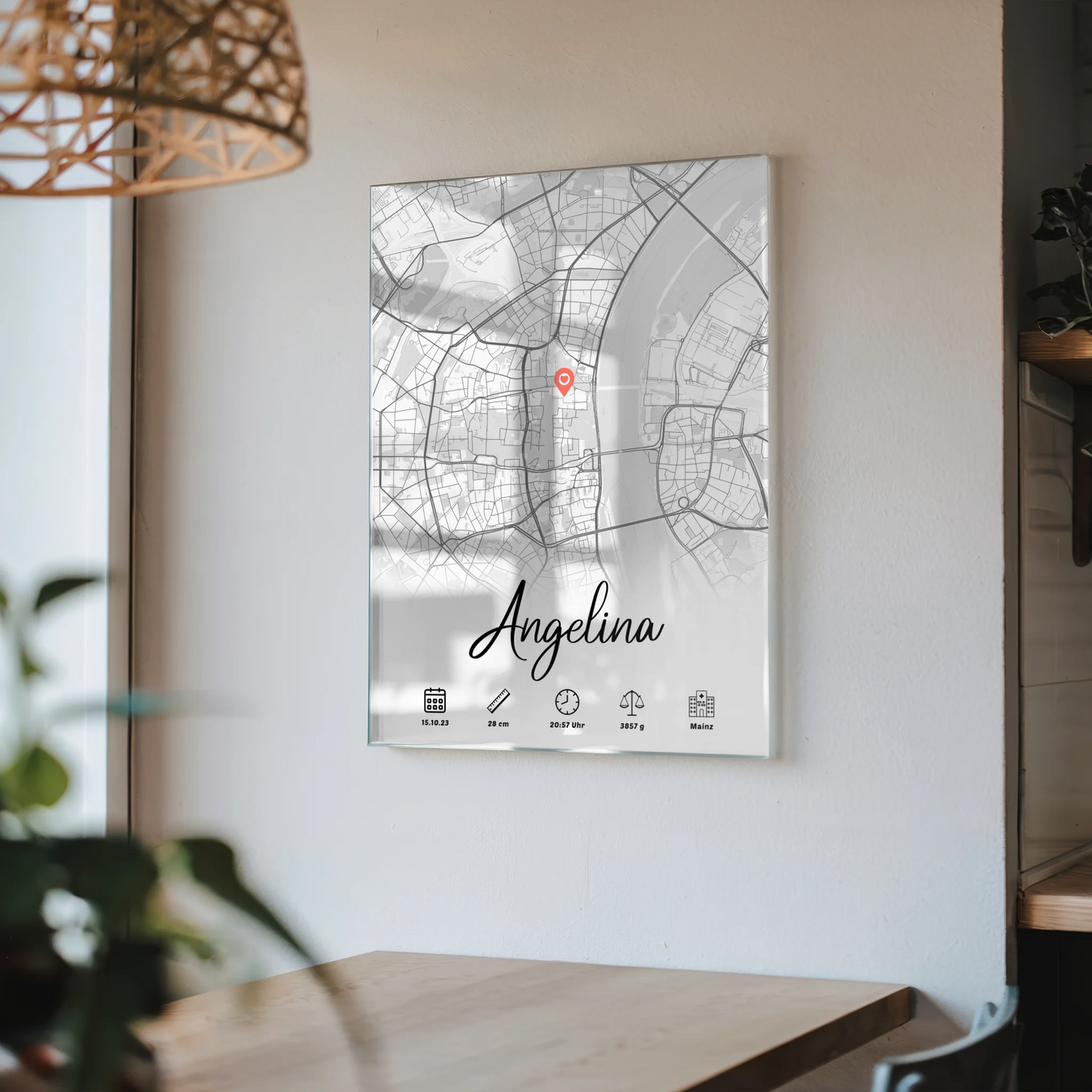 Personalisiertes Acrylglas Bild Karte mit Geburtsdaten Weiß