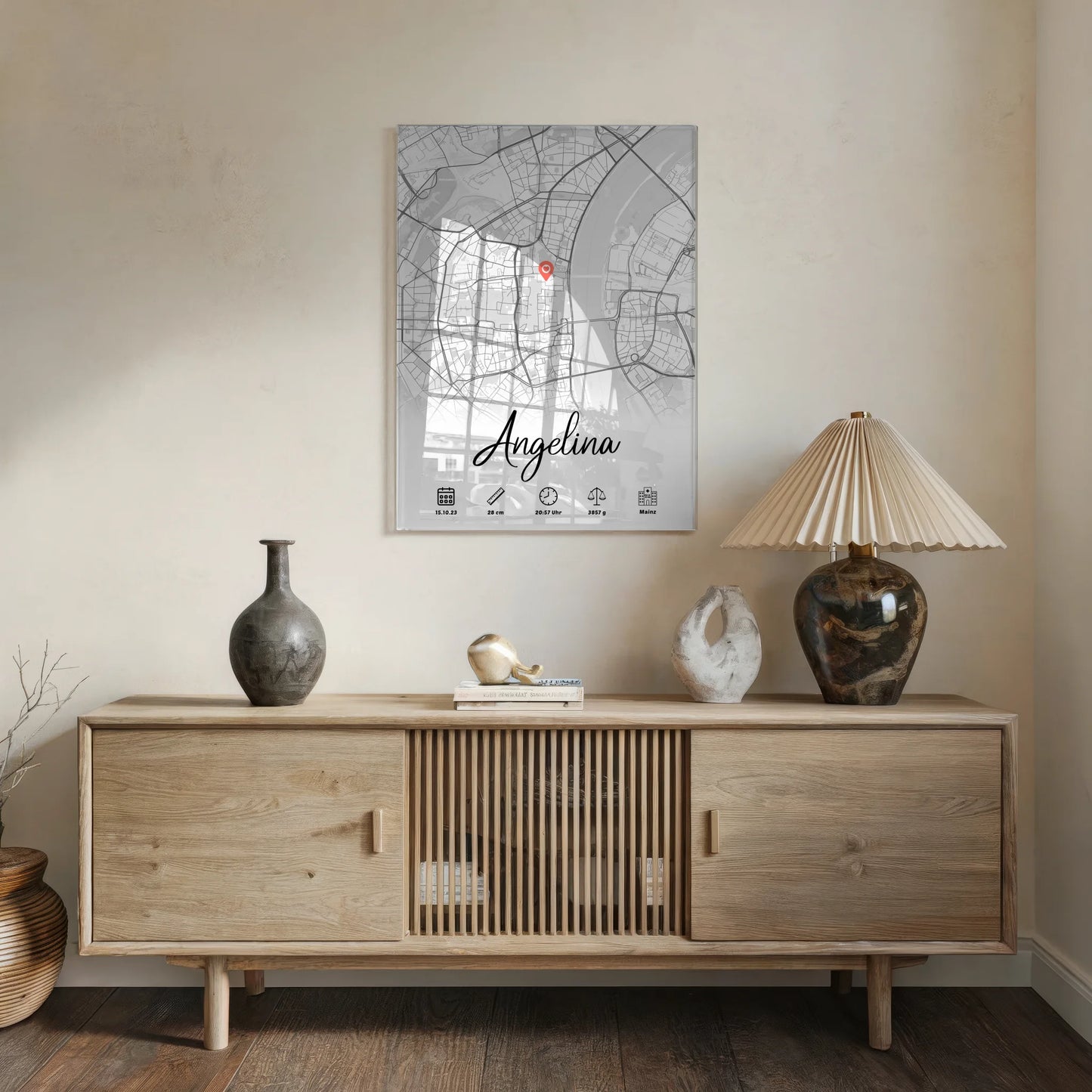 Personalisiertes Acrylglas Bild Karte mit Geburtsdaten Weiß