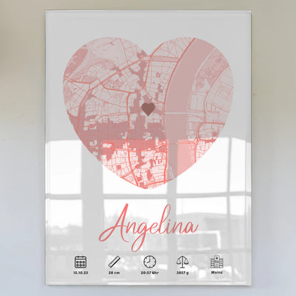 Acrylglas Bild Geburt Stadt Karte mit Geburtsdaten Rot Mädchen