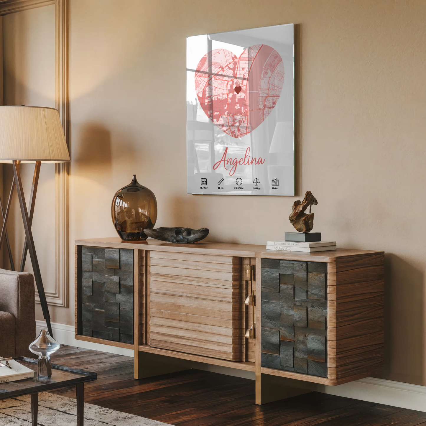 Acrylglas Bild Geburt Stadt Karte mit Geburtsdaten Rot Mädchen